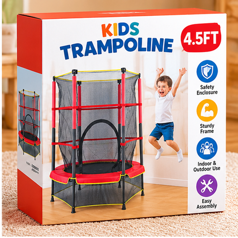 4.5 ft Kids Trampoline with Enclosure - Red and Black