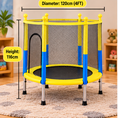 Kids Trampoline with Enclosure and Overhead Play Rings