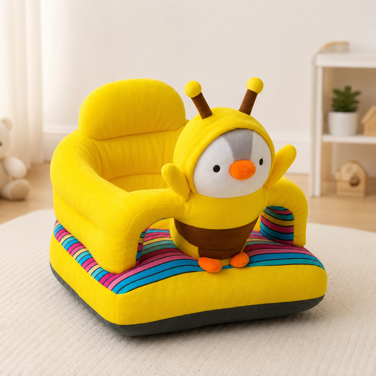 Yellow Bee Baby Seater with Multicolor Base – Soft Plush Support Chair