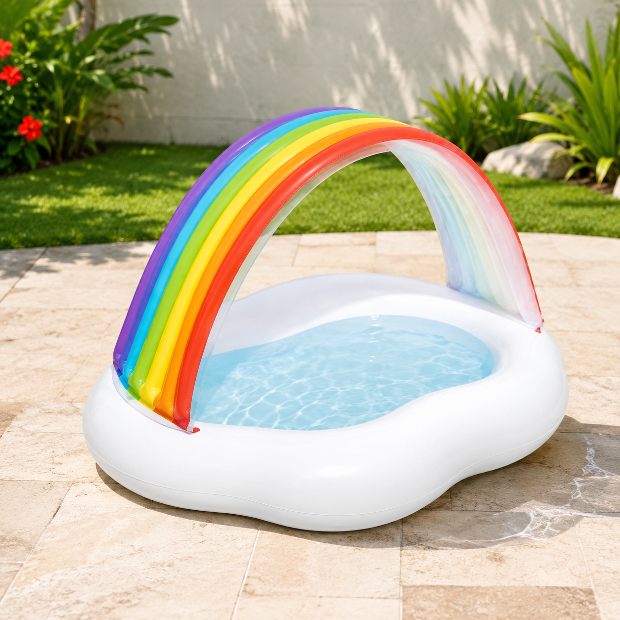 Intex Rainbow Canopy Baby Pool 56×47×35in – Inflatable Kids Pool with Water Sprayer
