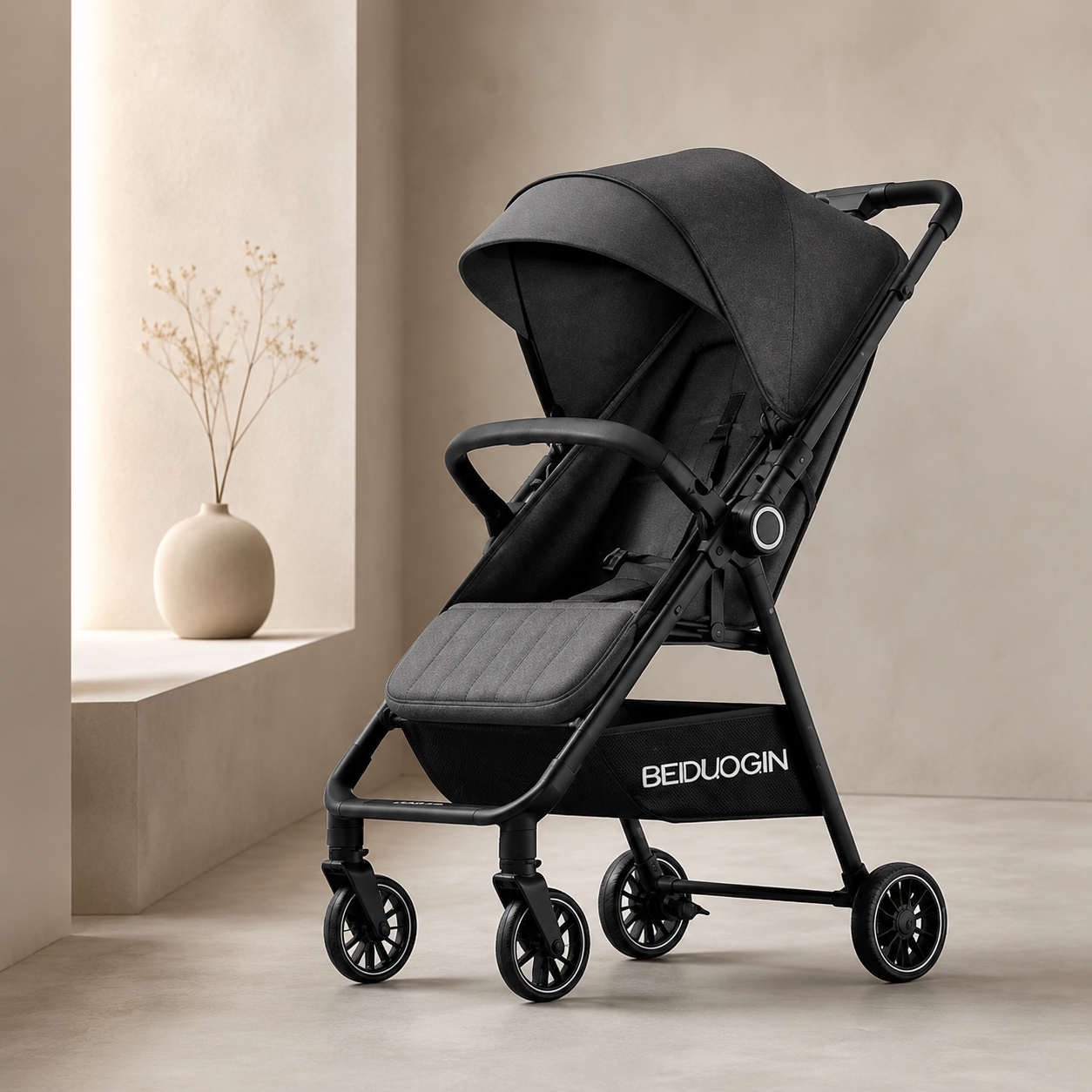 Black Baby Stroller – Foldable Portable Pram with Canopy