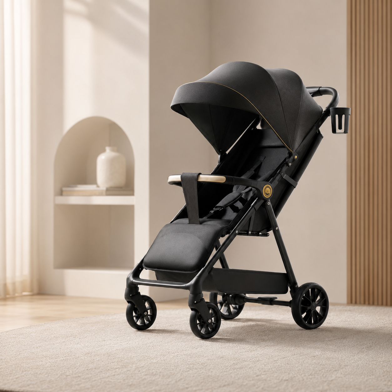 Black Compact Baby Stroller – Foldable Lightweight Pram with Canopy