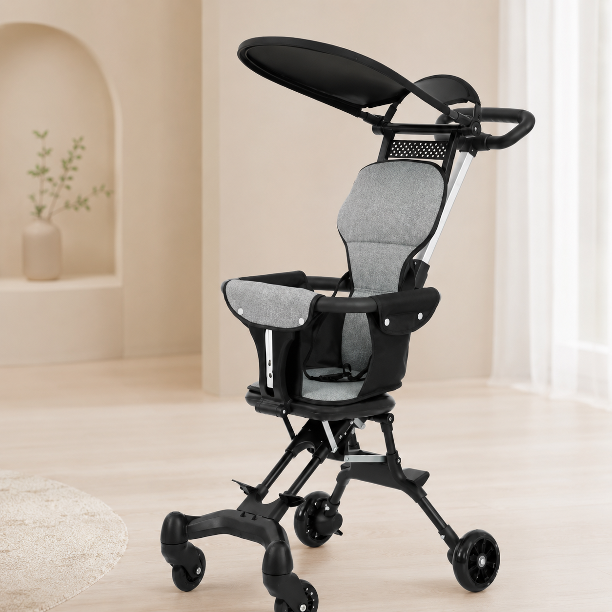 Q1 Black Baby Stroller – Foldable Baby Pram with Seat Cushion & Sun Canopy