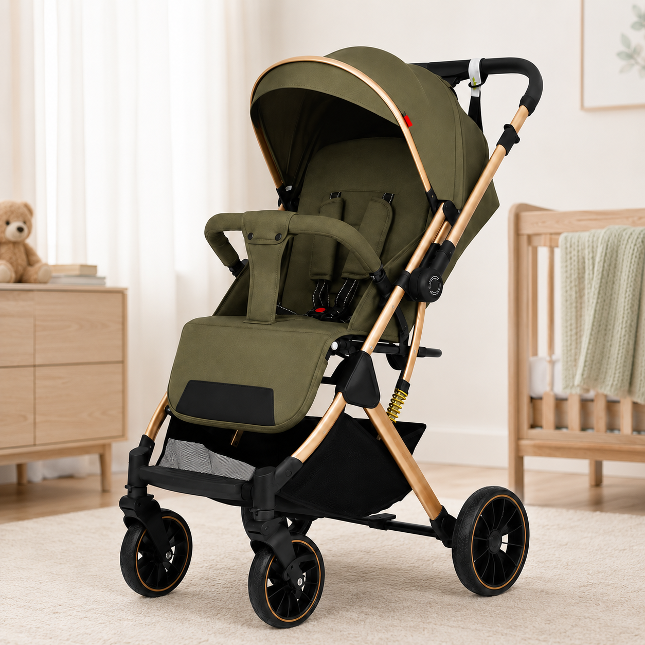 Kidilo B2 Army Green Baby Stroller – Foldable Pram with Canopy