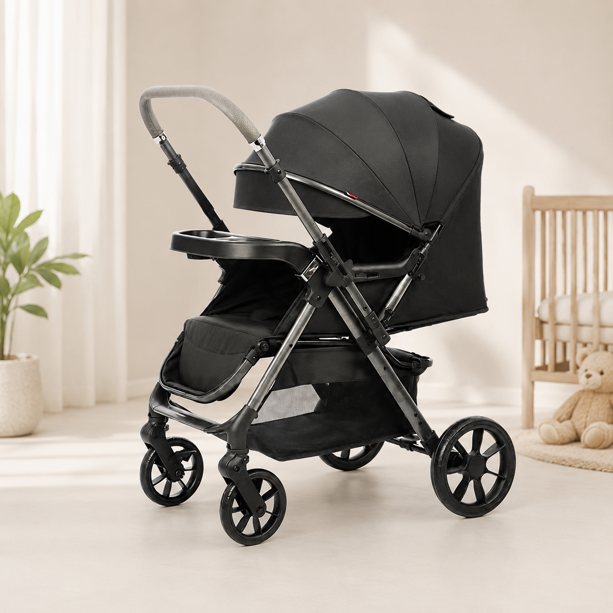 Kidilo T8 Black Baby Stroller – Foldable Pram with Canopy & Tray