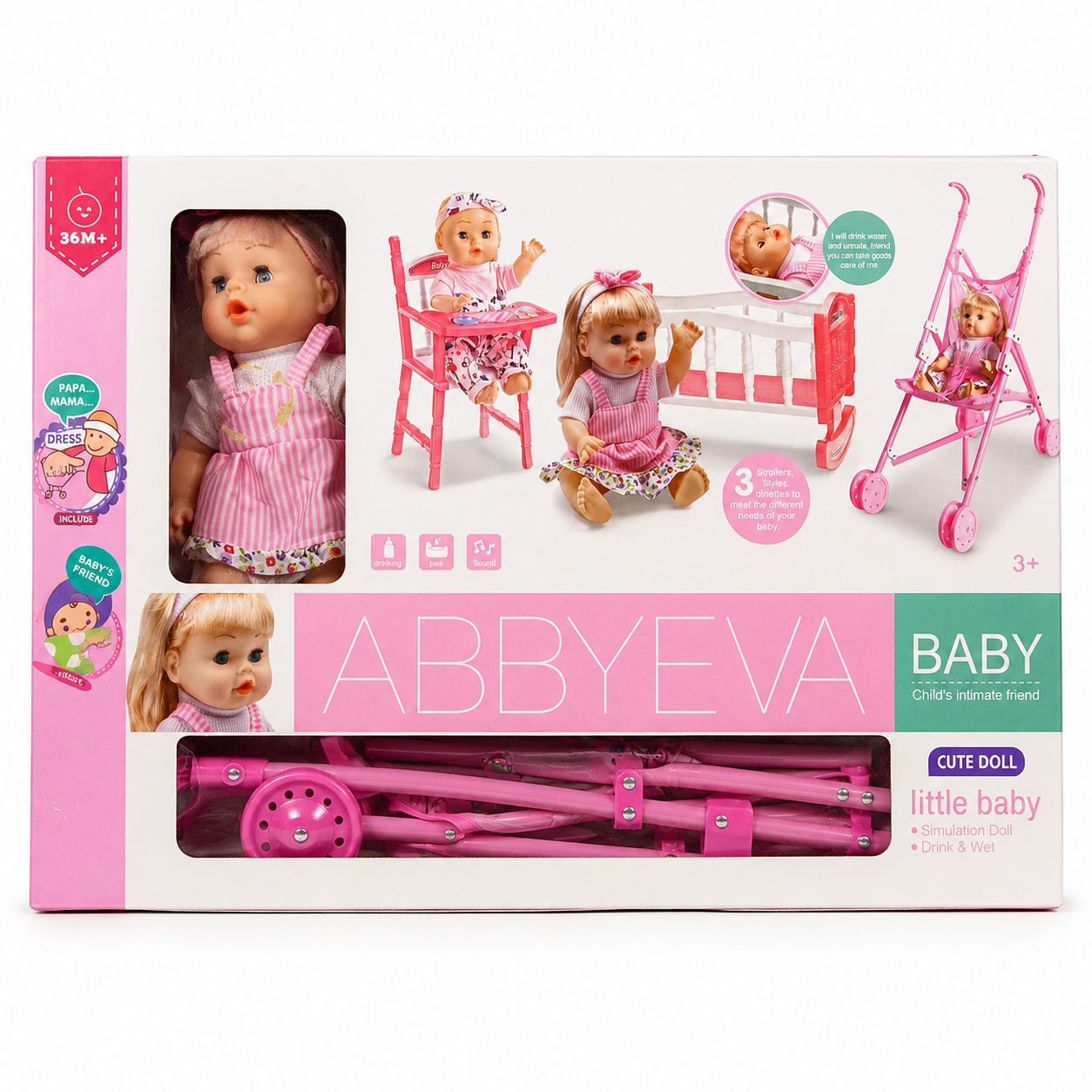 Abbyeva Baby Doll Playset with Stroller & Accessories for Kids 3+