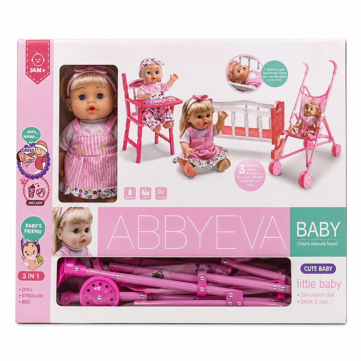 Abbyeva Baby Doll Playset with Stroller & Accessories for Kids 3+