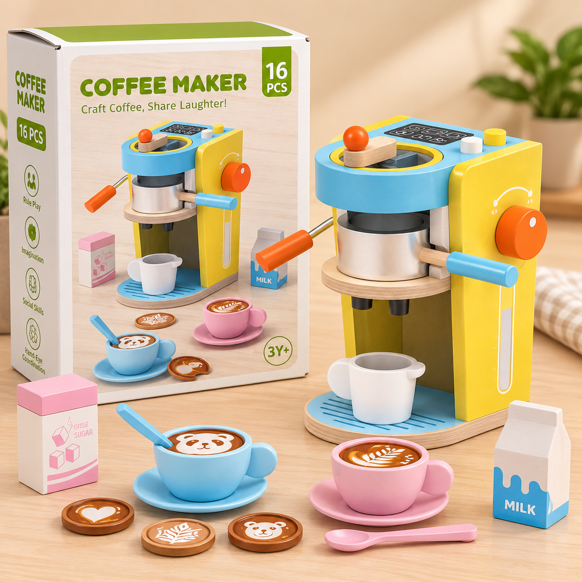16-Piece Wooden Coffee Maker Play Set for Kids