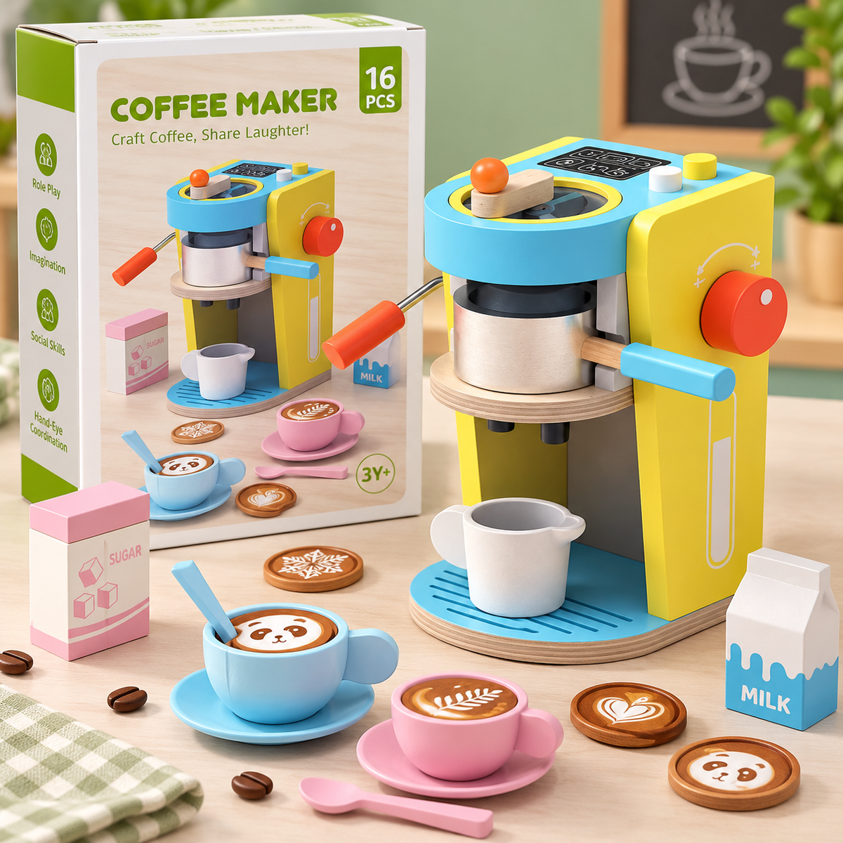 16-Piece Wooden Coffee Maker Play Set for Kids