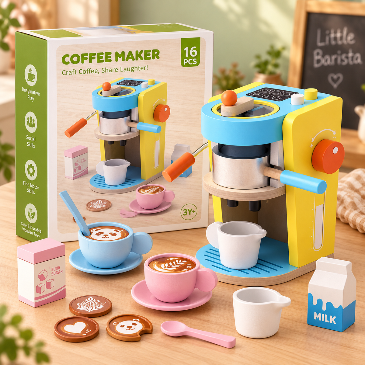 16-Piece Wooden Coffee Maker Play Set for Kids
