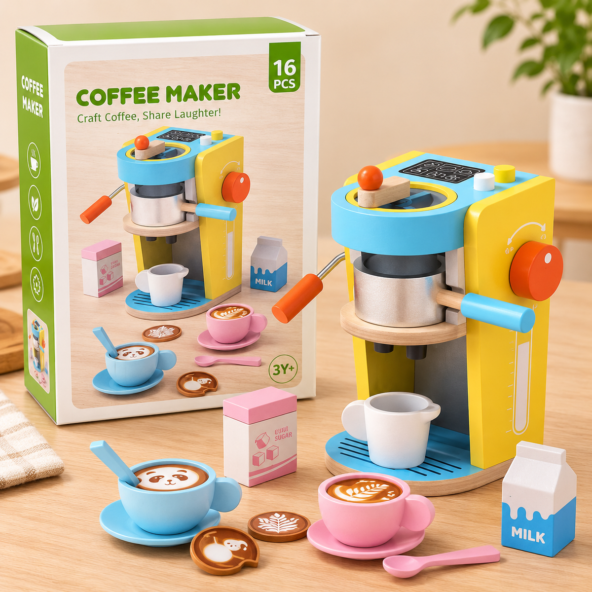16-Piece Wooden Coffee Maker Play Set for Kids