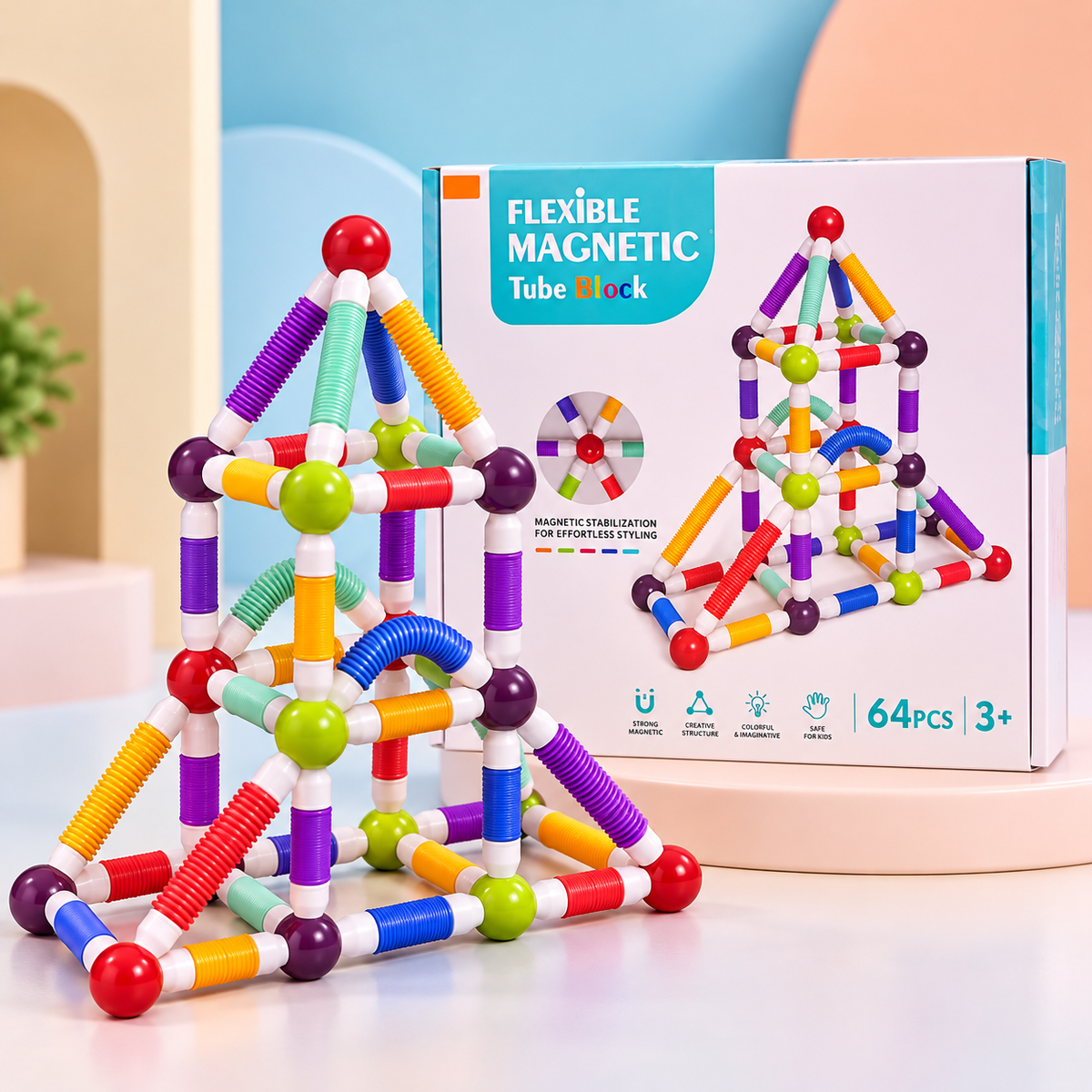 64-Piece Flexible Magnetic Tube Building Set