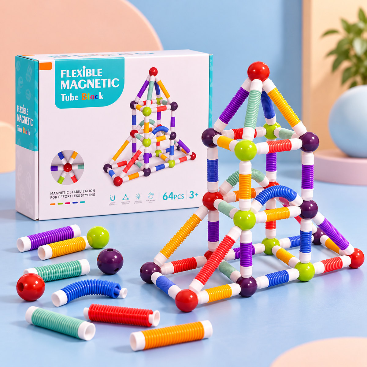 64-Piece Flexible Magnetic Tube Building Set