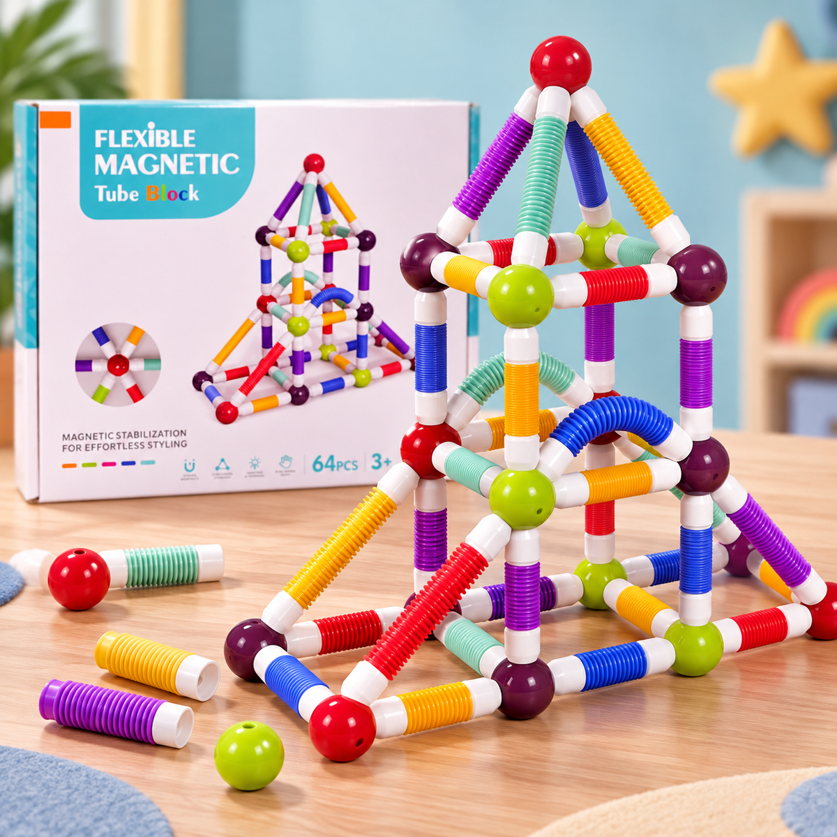 64-Piece Flexible Magnetic Tube Building Set