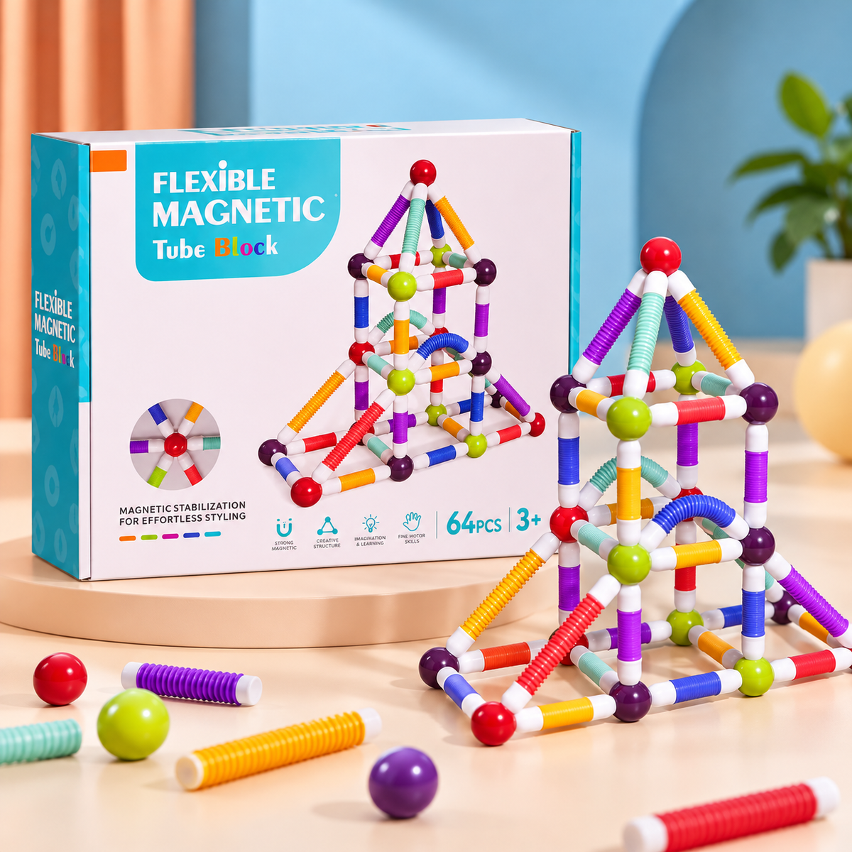 64-Piece Flexible Magnetic Tube Building Set