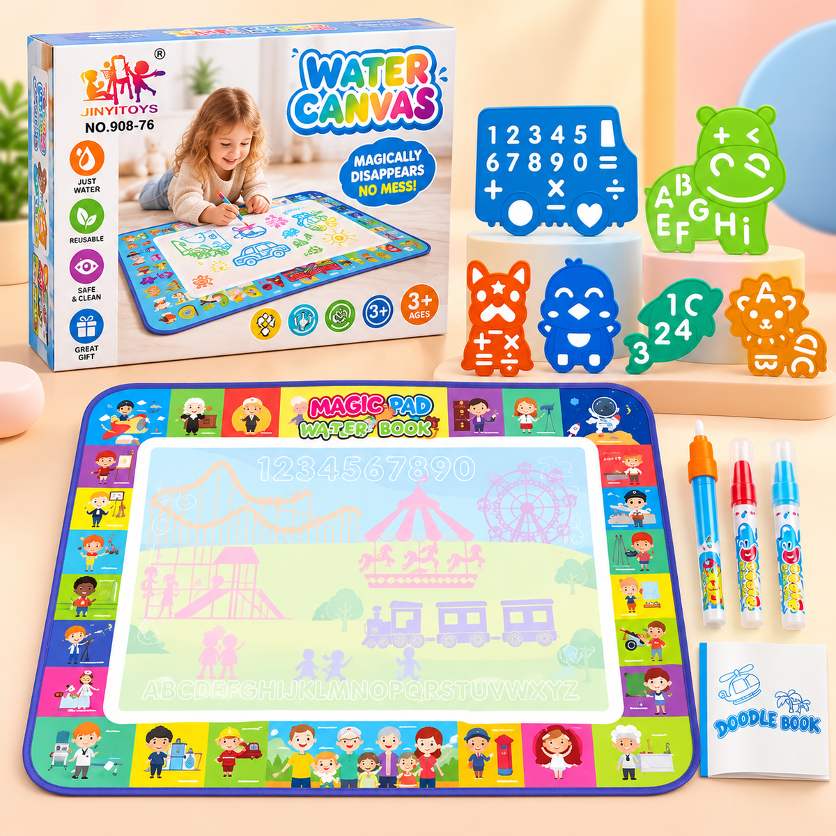 Water Drawing Mat with Alphabet and Number Stencils