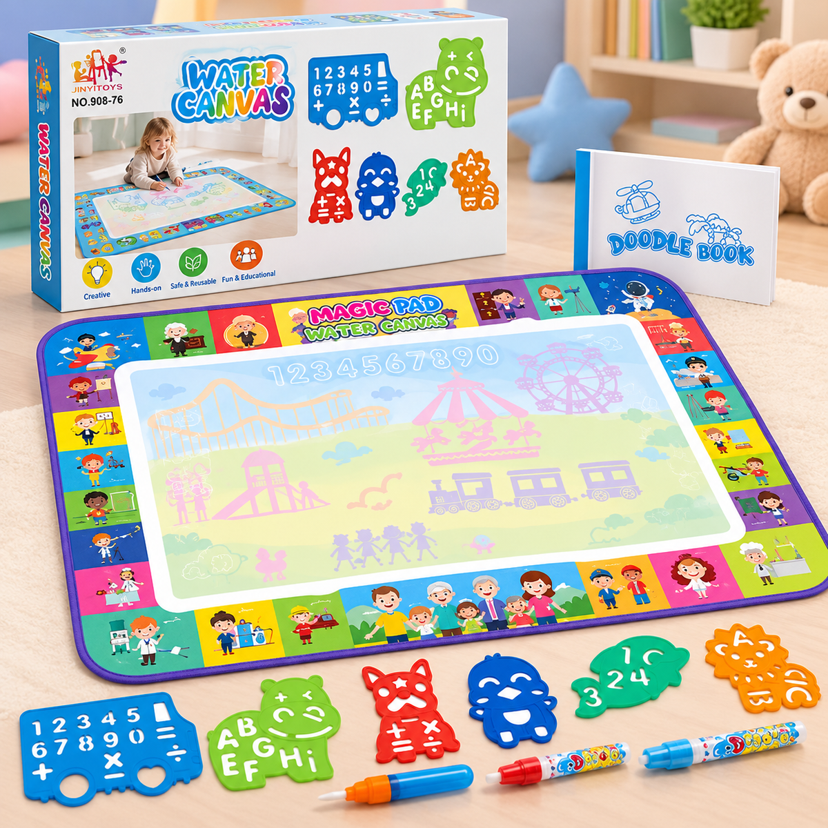 Water Drawing Mat with Alphabet and Number Stencils