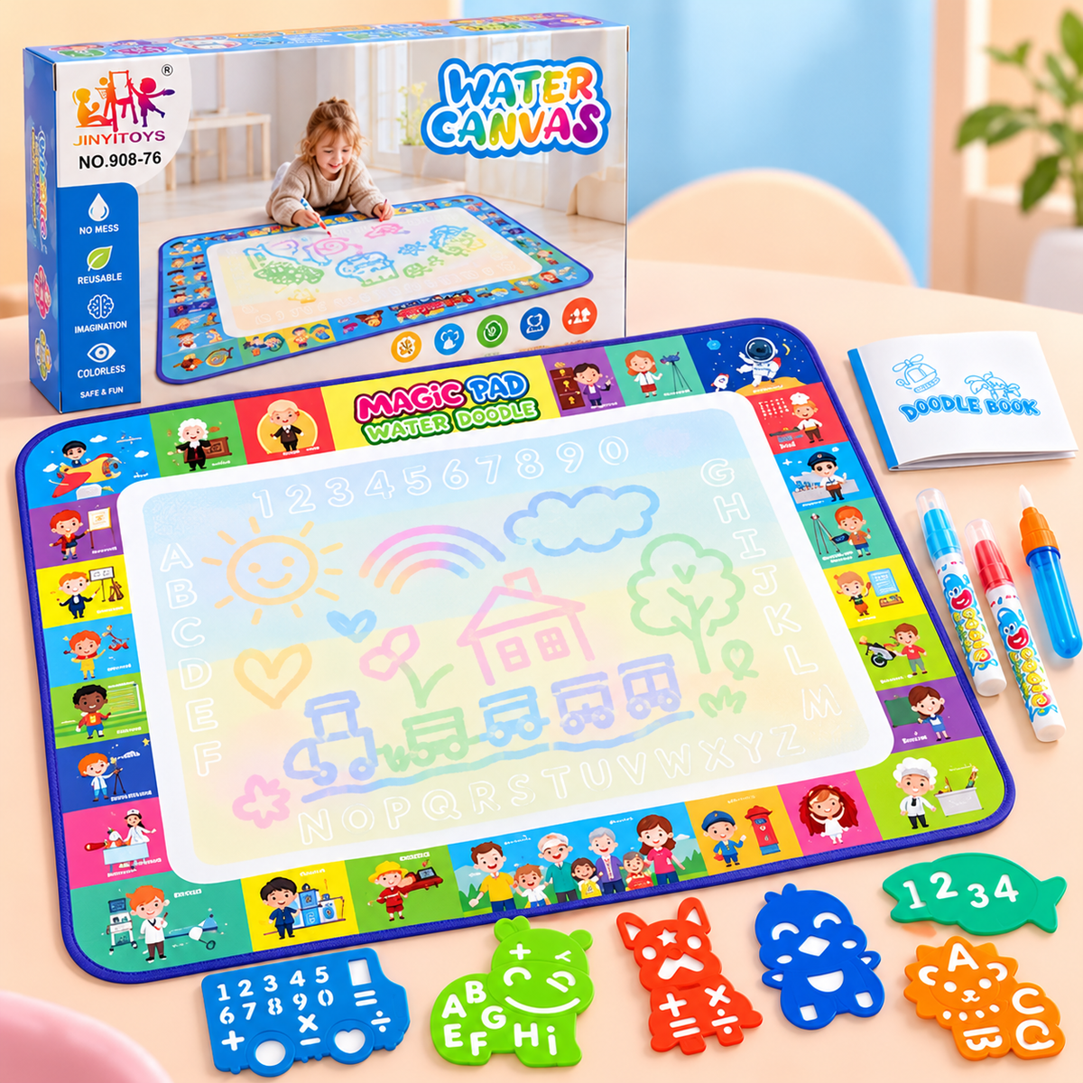Water Drawing Mat with Alphabet and Number Stencils