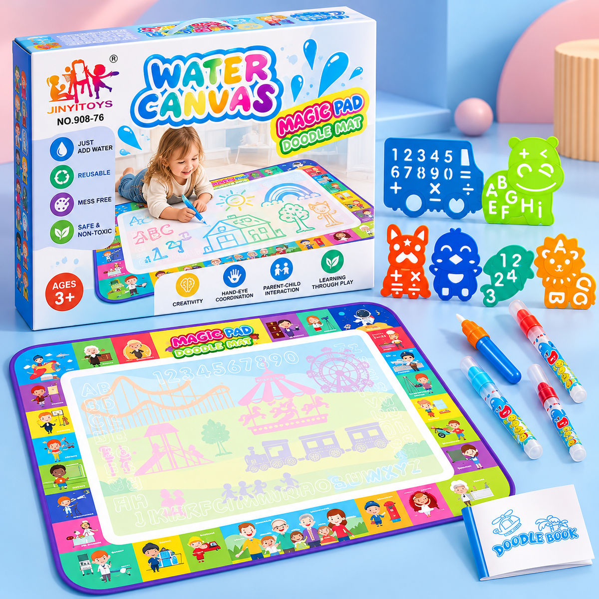 Water Drawing Mat with Alphabet and Number Stencils