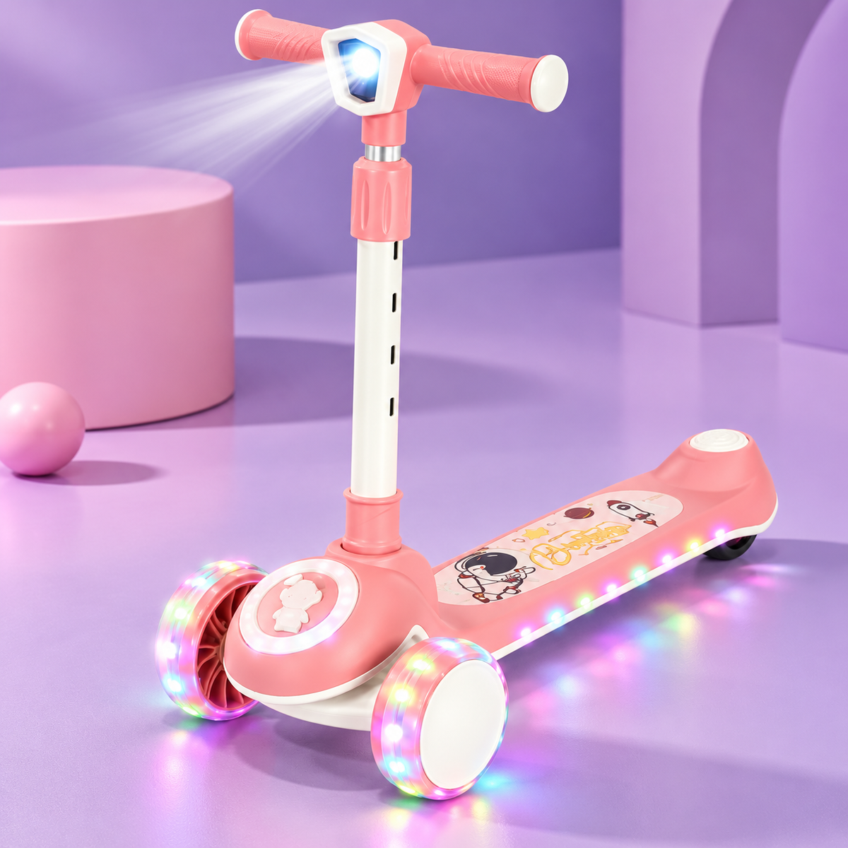 Pink Three-Wheel Kids Scooter with Light-Up Wheels