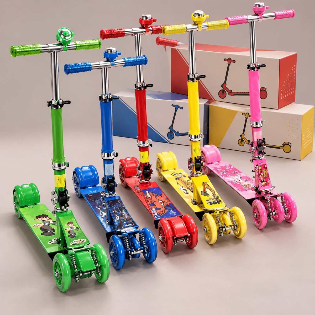 Cartoon Deck Three-Wheel Kids Kick Scooter with Bell