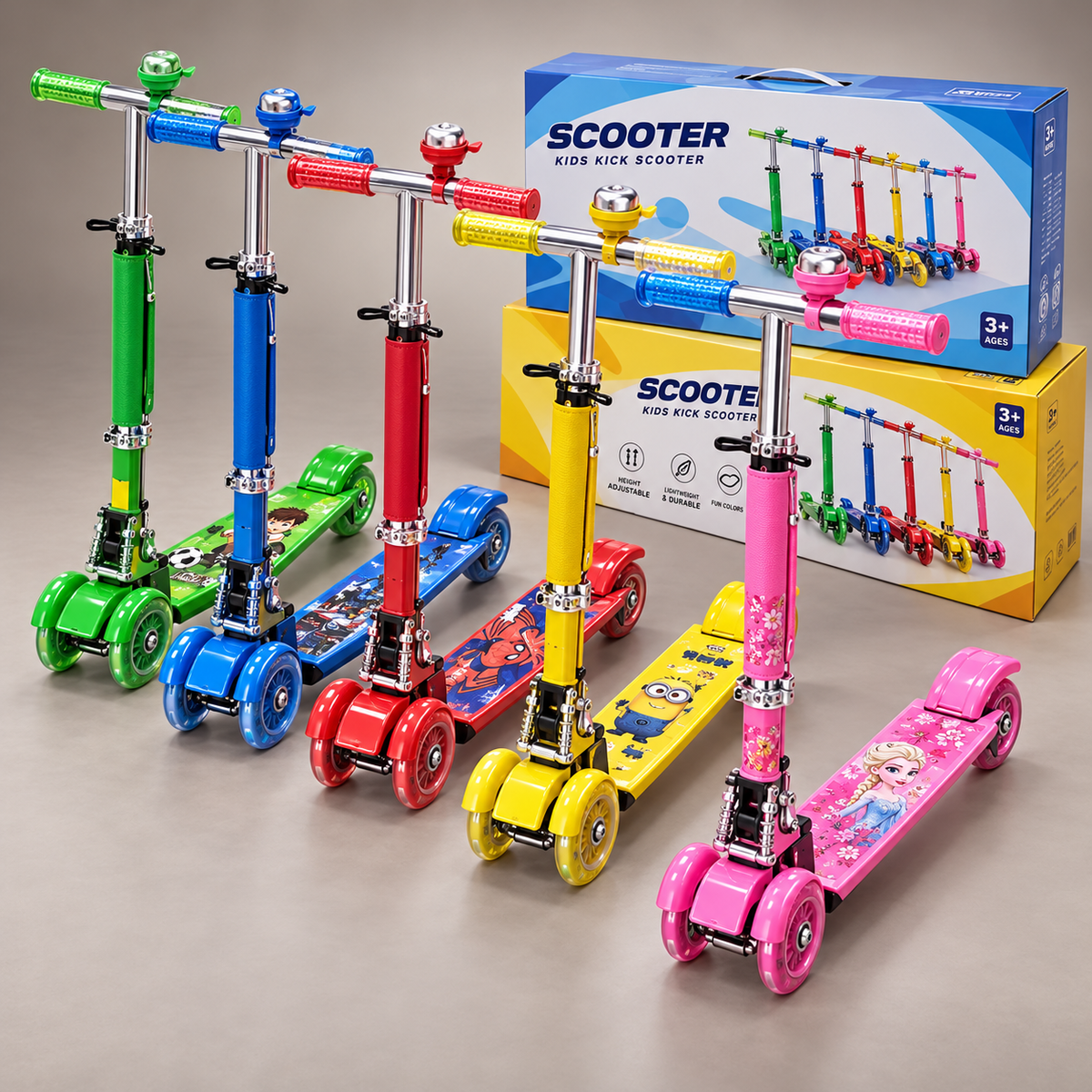 Cartoon Deck Three-Wheel Kids Kick Scooter with Bell