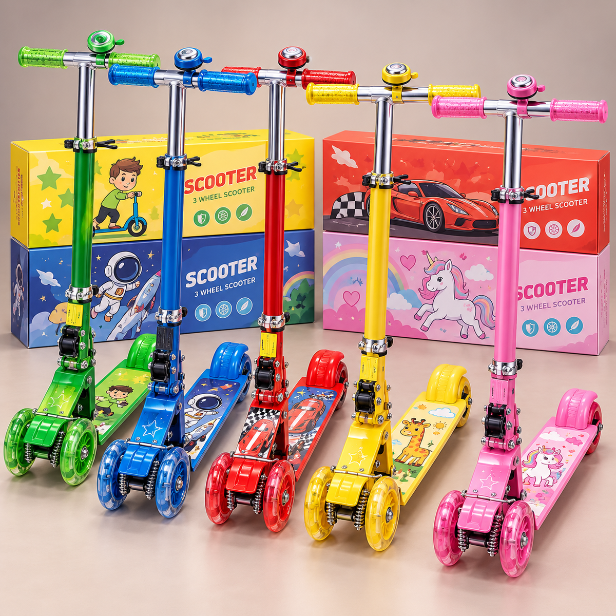 Cartoon Deck Three-Wheel Kids Kick Scooter with Bell