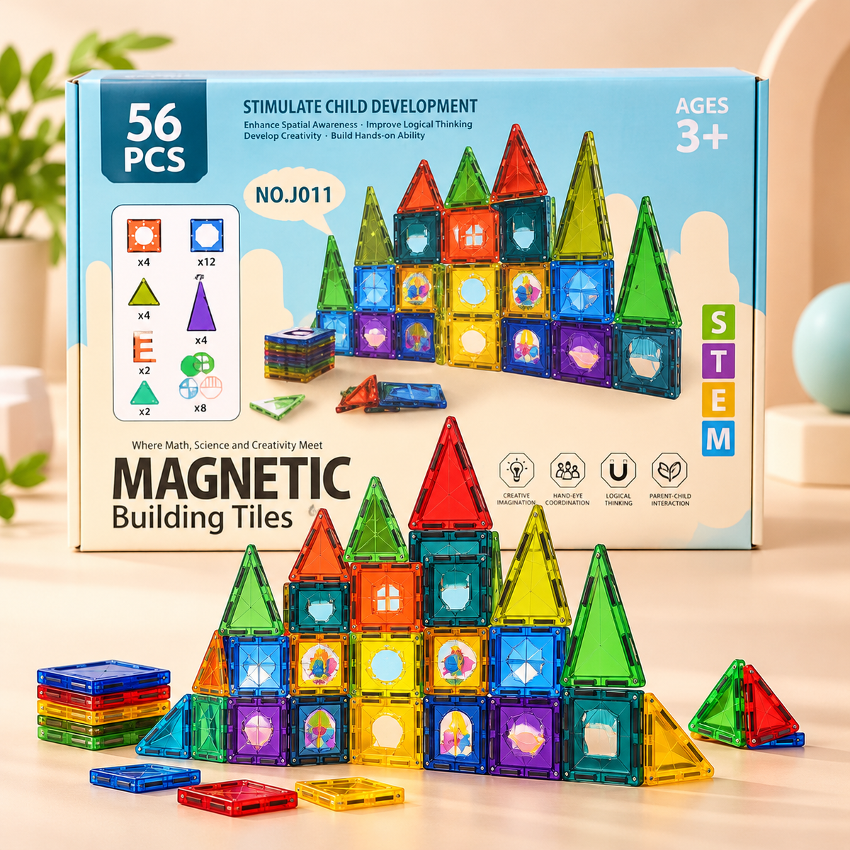 56-Piece Magnetic Building Tiles Set - No. 0017