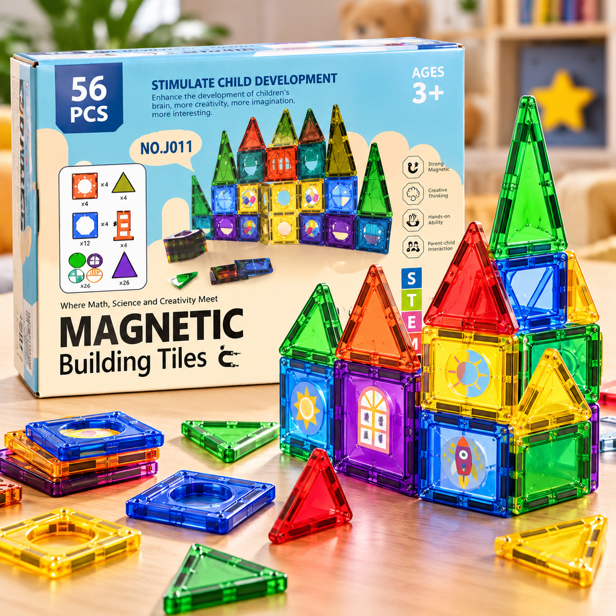 56-Piece Magnetic Building Tiles Set - No. 0017