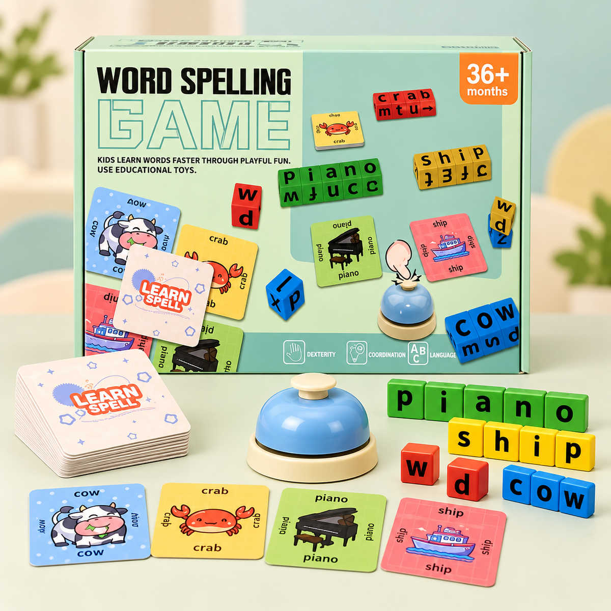 Word Spelling Game with Picture Cards and Bell