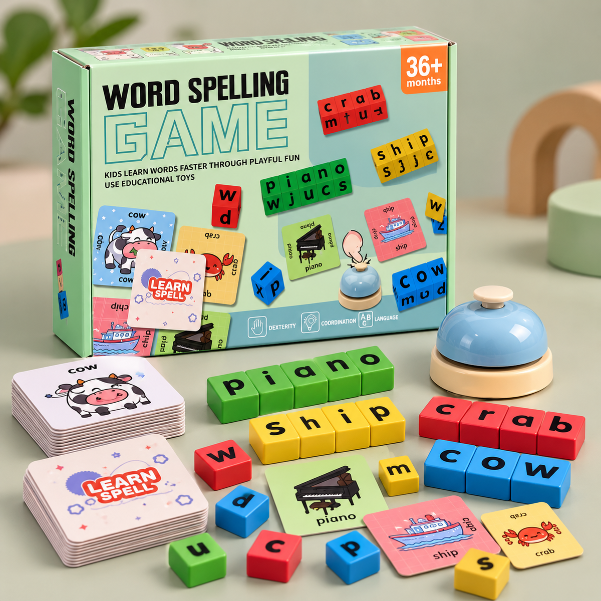 Word Spelling Game with Picture Cards and Bell