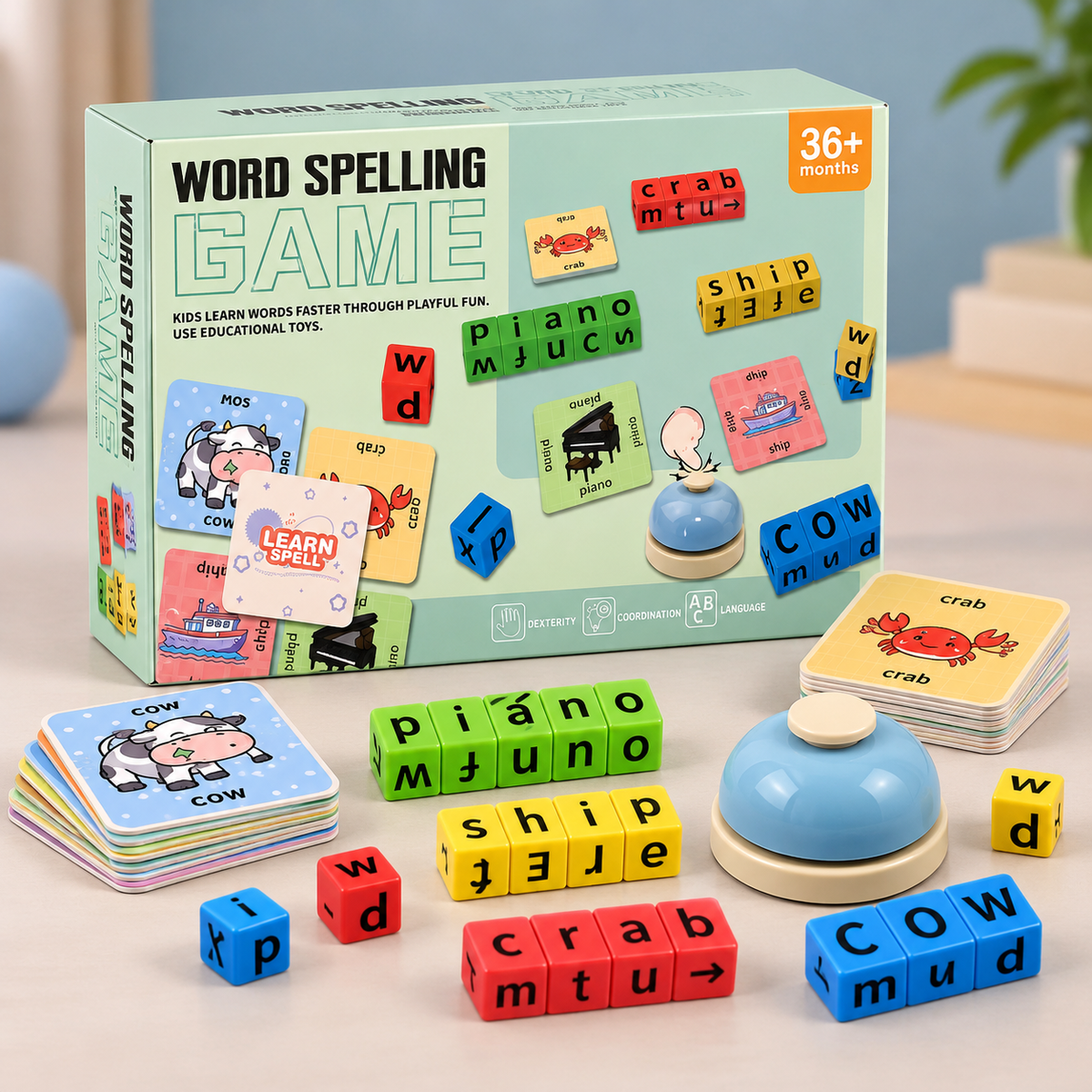 Word Spelling Game with Picture Cards and Bell