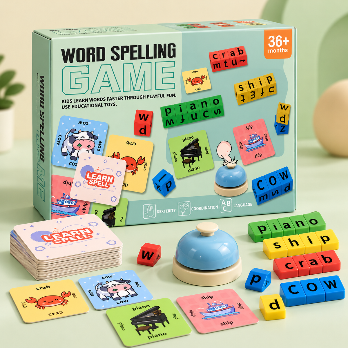 Word Spelling Game with Picture Cards and Bell