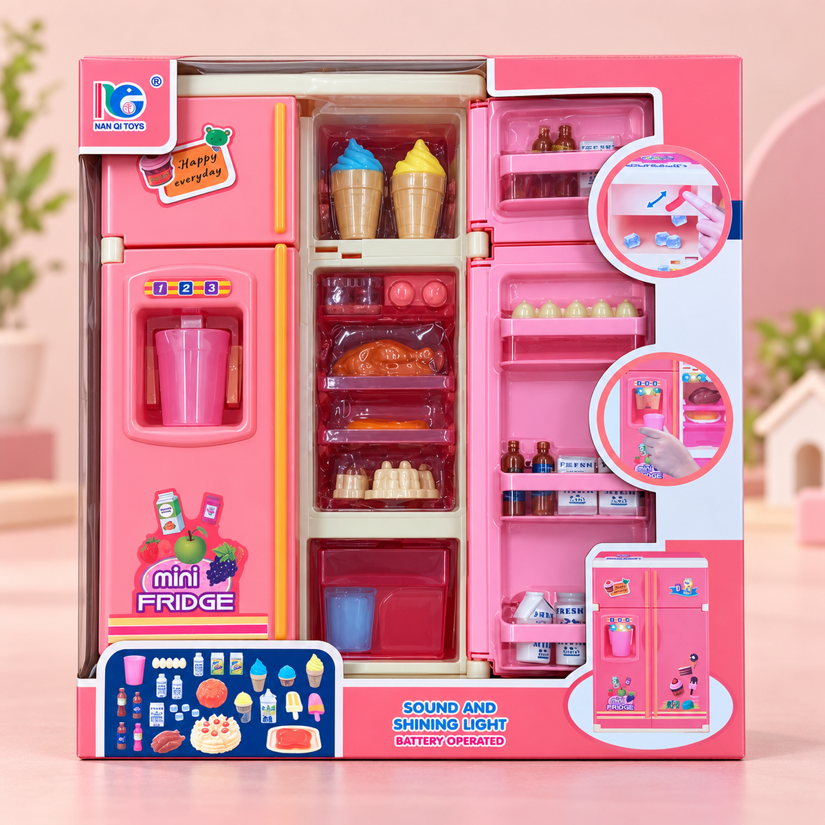 Pink Mini Fridge Pretend Play Set with Light and Sound