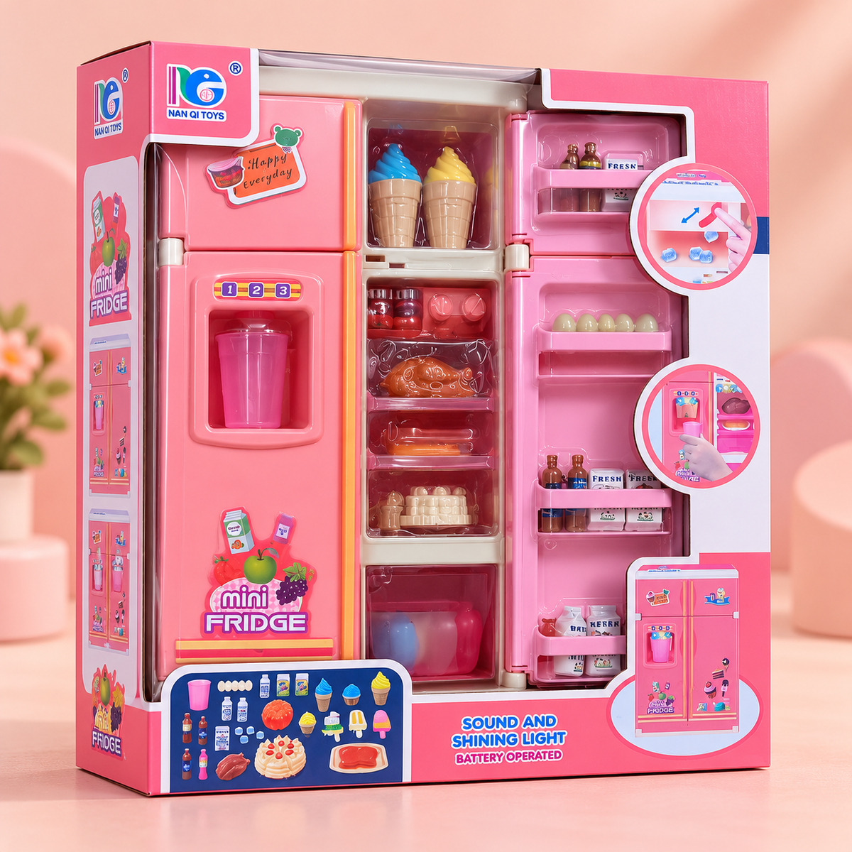 Pink Mini Fridge Pretend Play Set with Light and Sound