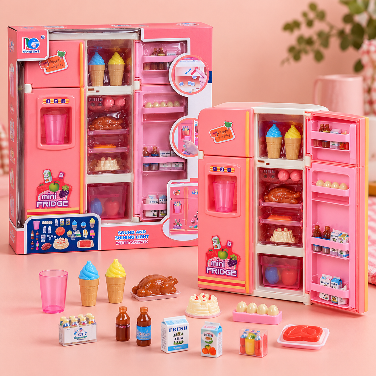 Pink Mini Fridge Pretend Play Set with Light and Sound