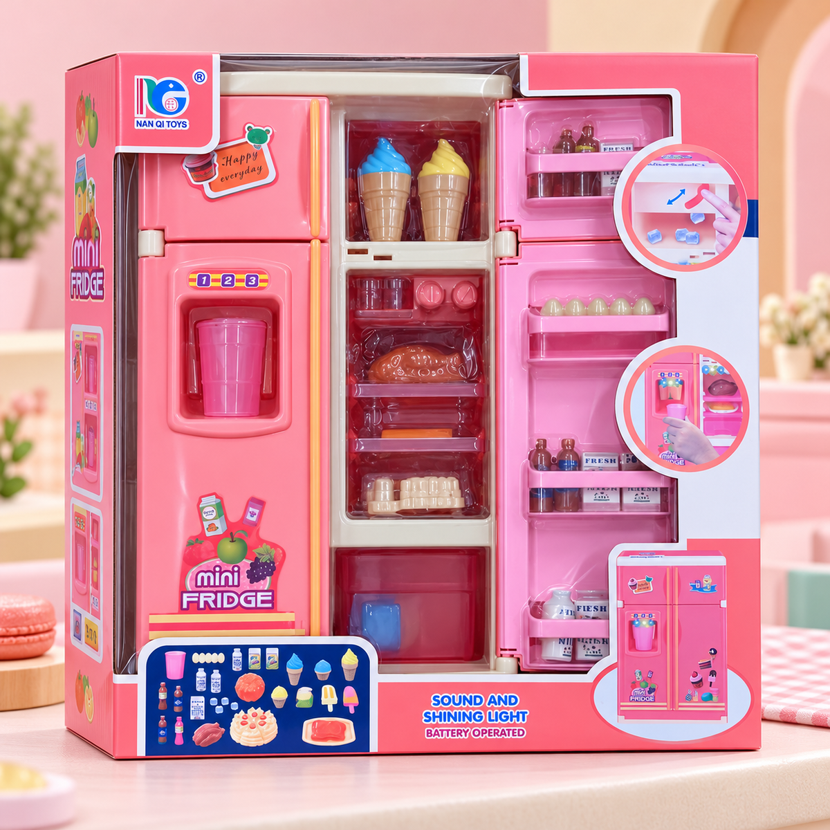 Pink Mini Fridge Pretend Play Set with Light and Sound