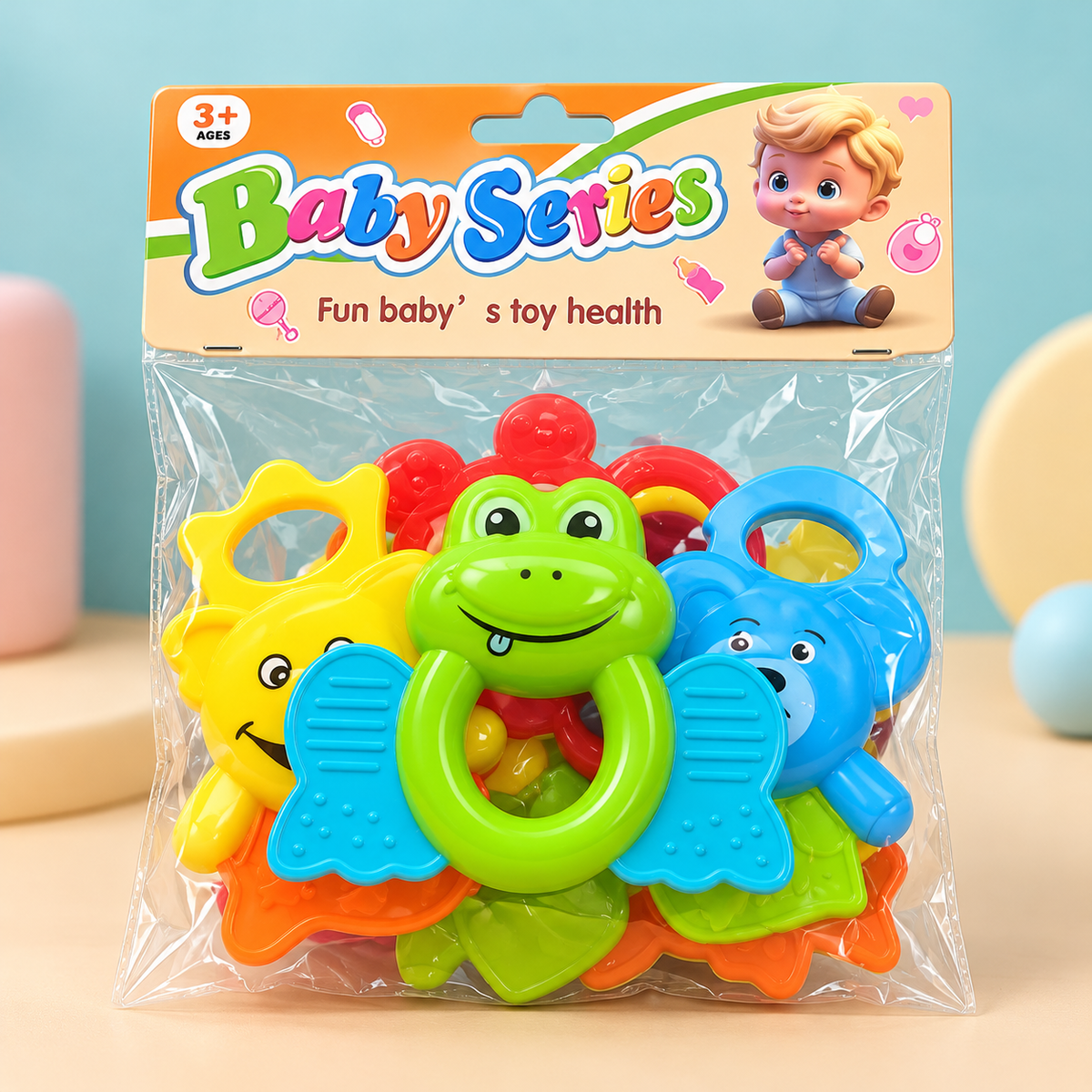 Animal-Themed Baby Rattle Set with Ring Grips