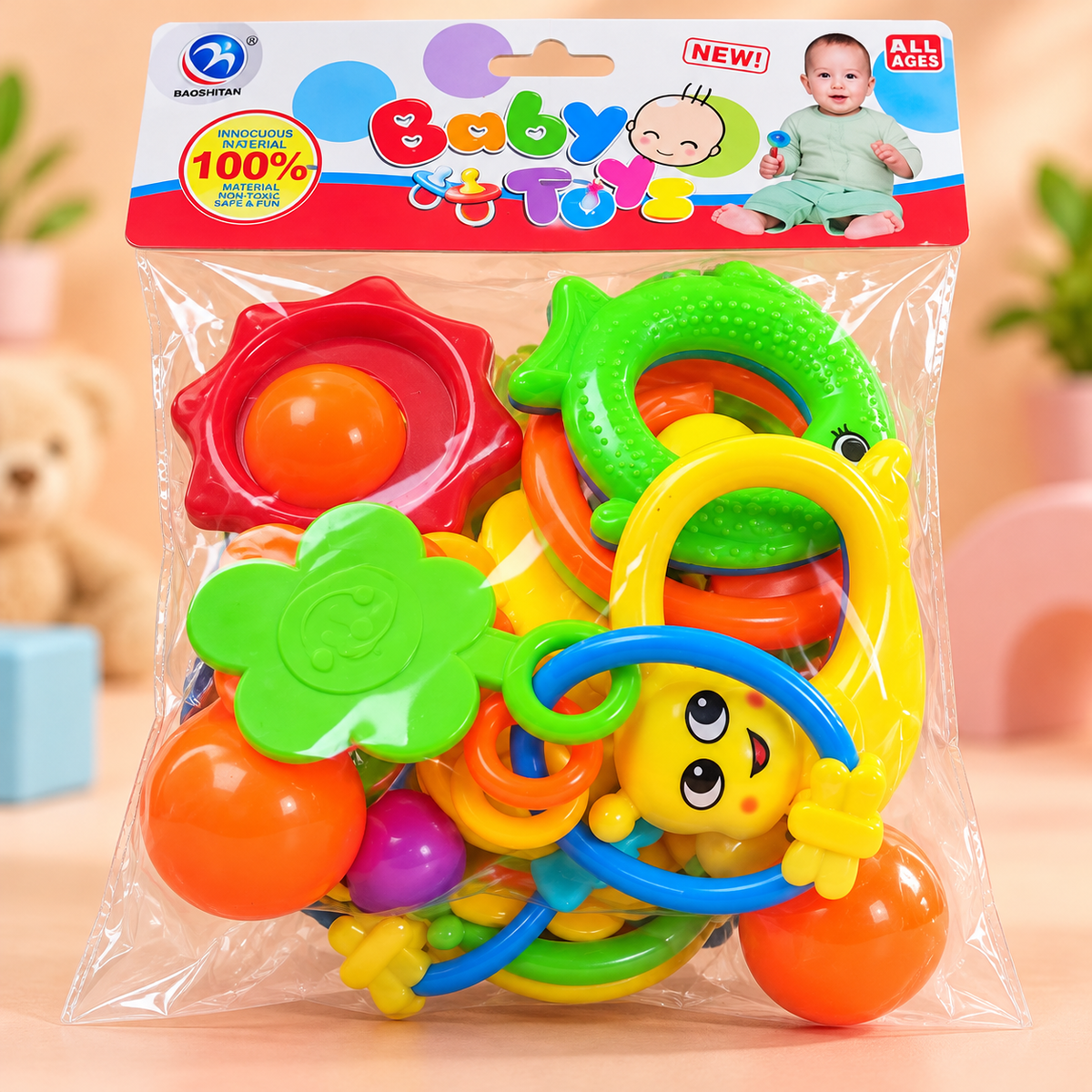 Colourful Baby Rattle Assortment with Ring Toys