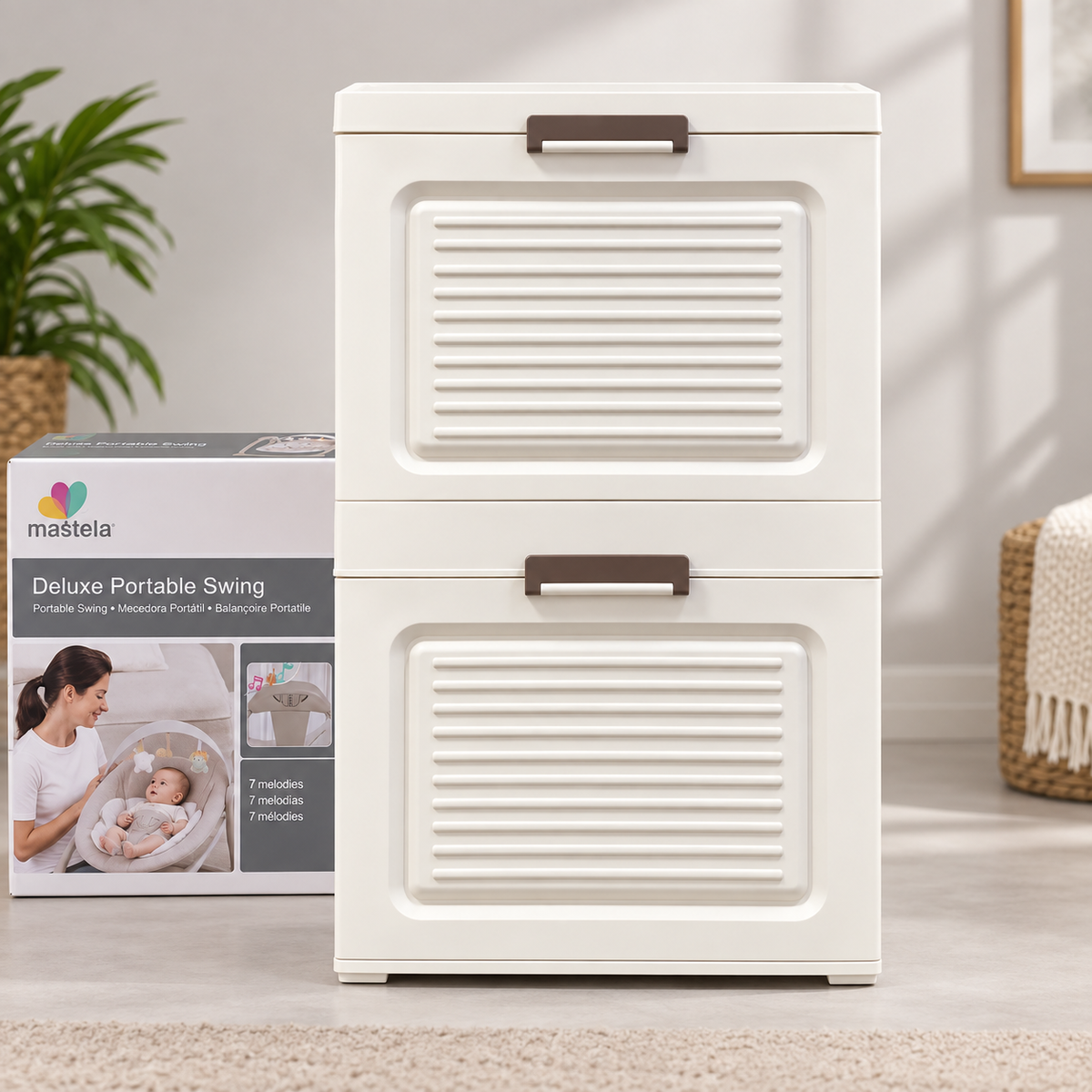 Off-White 3-Compartment Printed Storage Cabinet