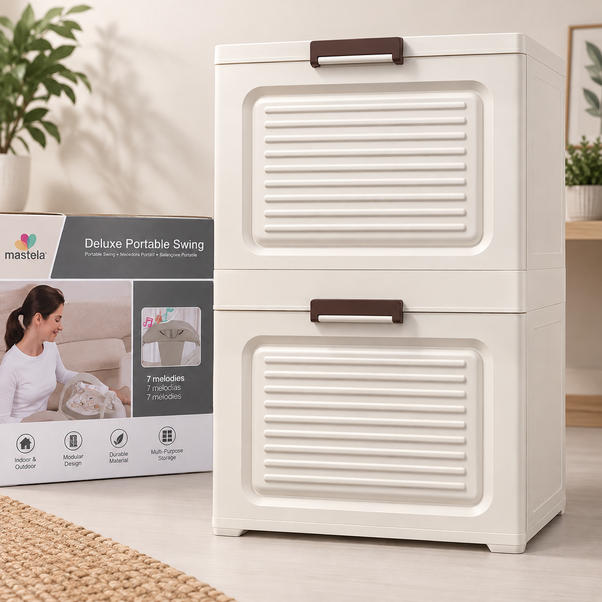 Off-White 3-Compartment Printed Storage Cabinet