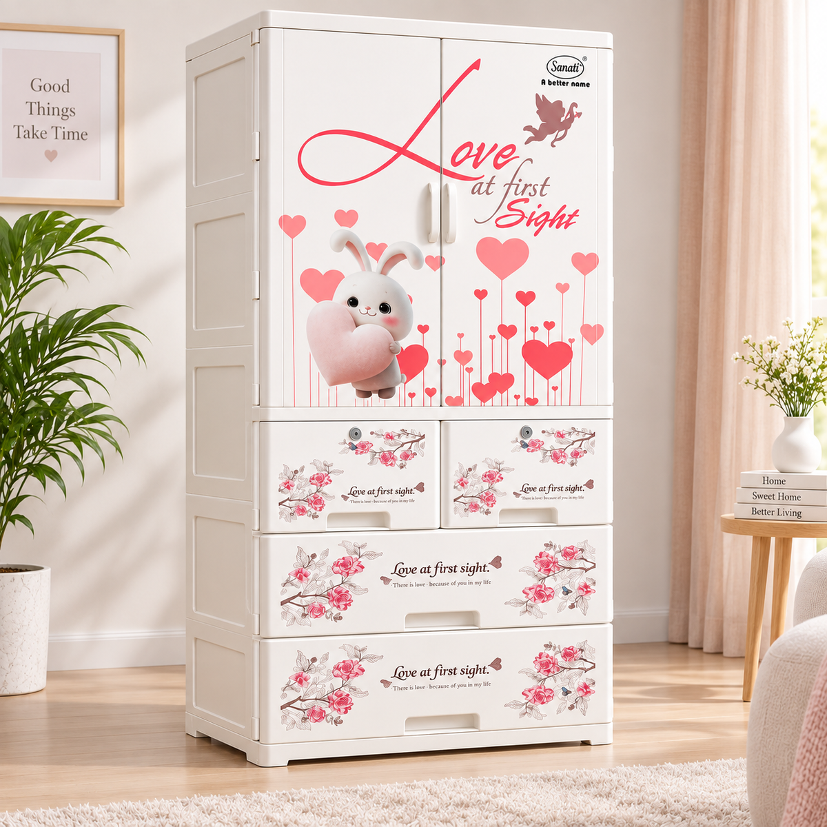 Blue Floral 3-Drawer Plastic Storage Cabinet