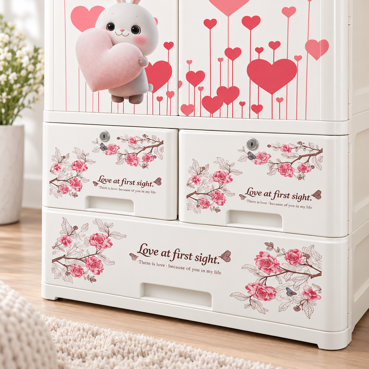 Blue Floral 3-Drawer Plastic Storage Cabinet