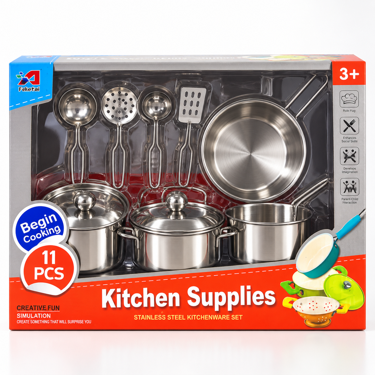 11-Piece Stainless Steel Kids Kitchen Play Set