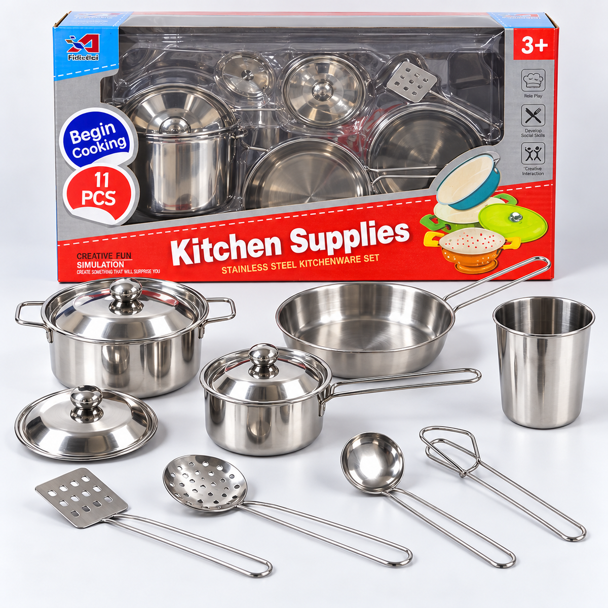 11-Piece Stainless Steel Kids Kitchen Play Set