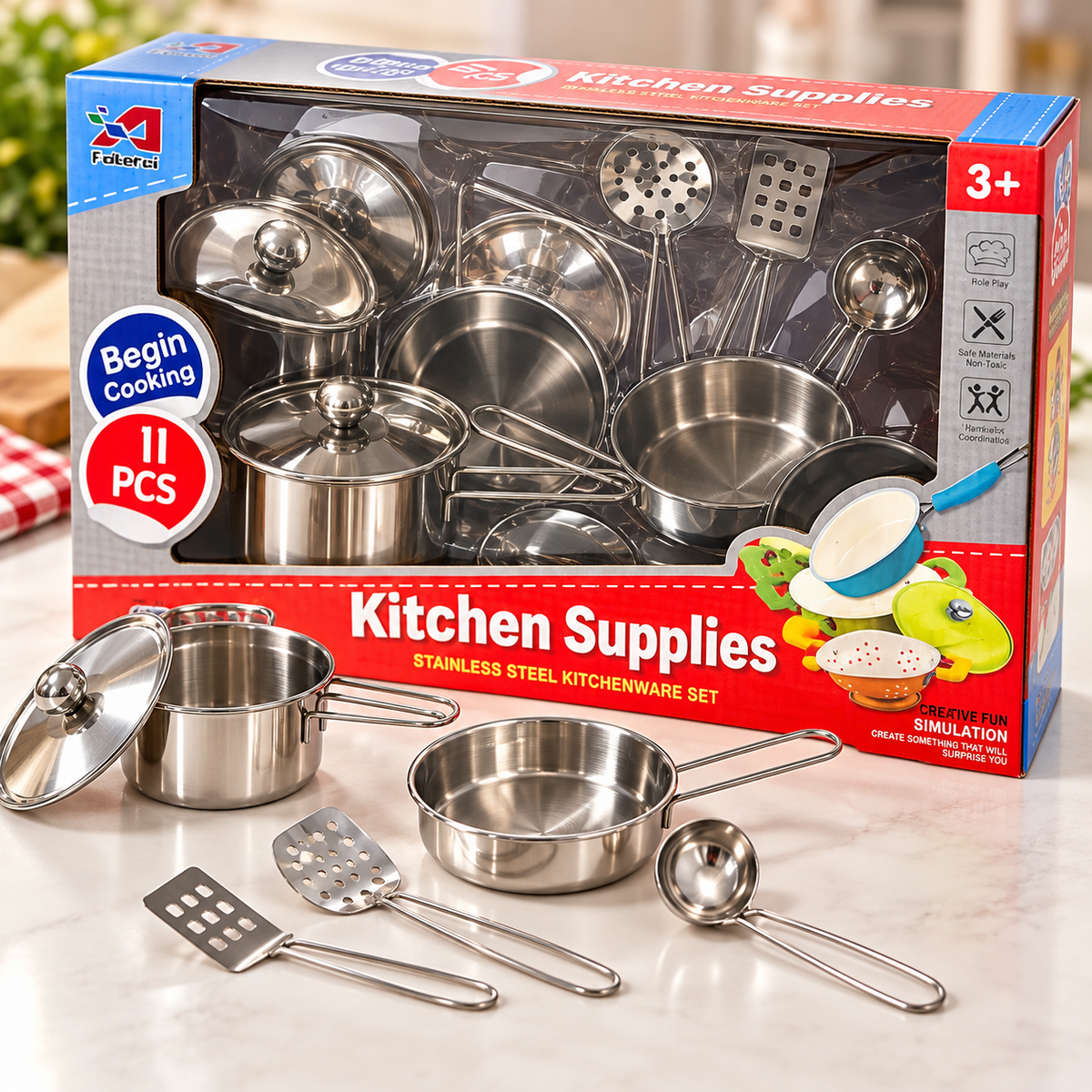11-Piece Stainless Steel Kids Kitchen Play Set