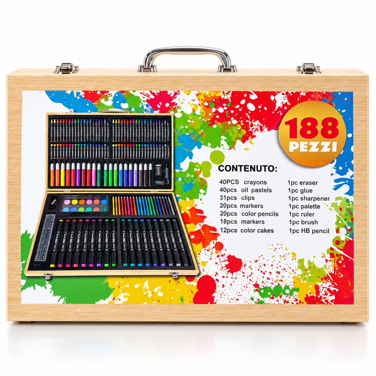 188-Piece Deluxe Art Set in Wooden Case – Kids Drawing & Coloring Kit