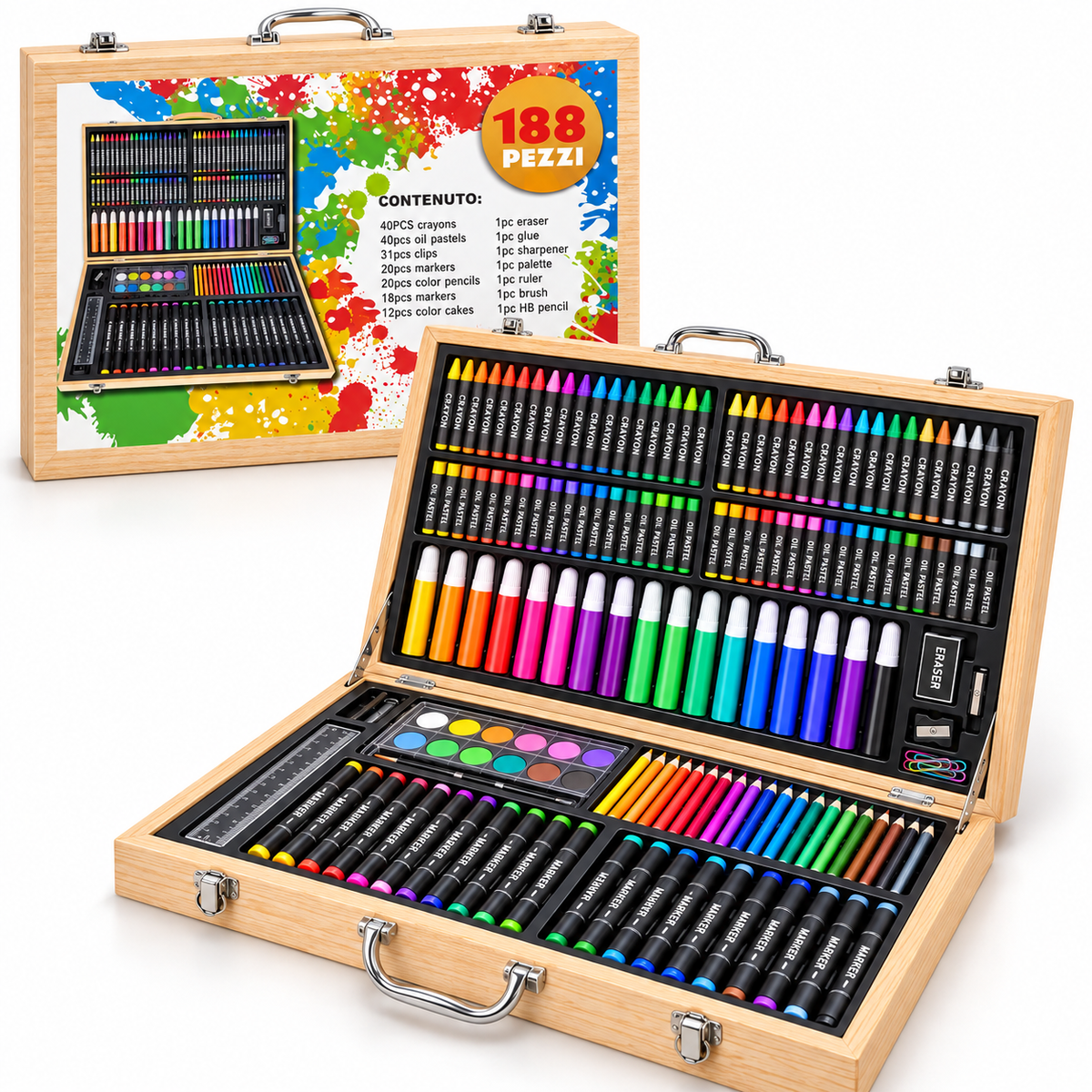 188-Piece Deluxe Art Set in Wooden Case – Kids Drawing & Coloring Kit