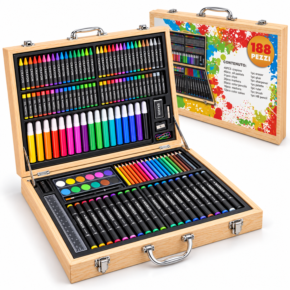 188-Piece Deluxe Art Set in Wooden Case – Kids Drawing & Coloring Kit