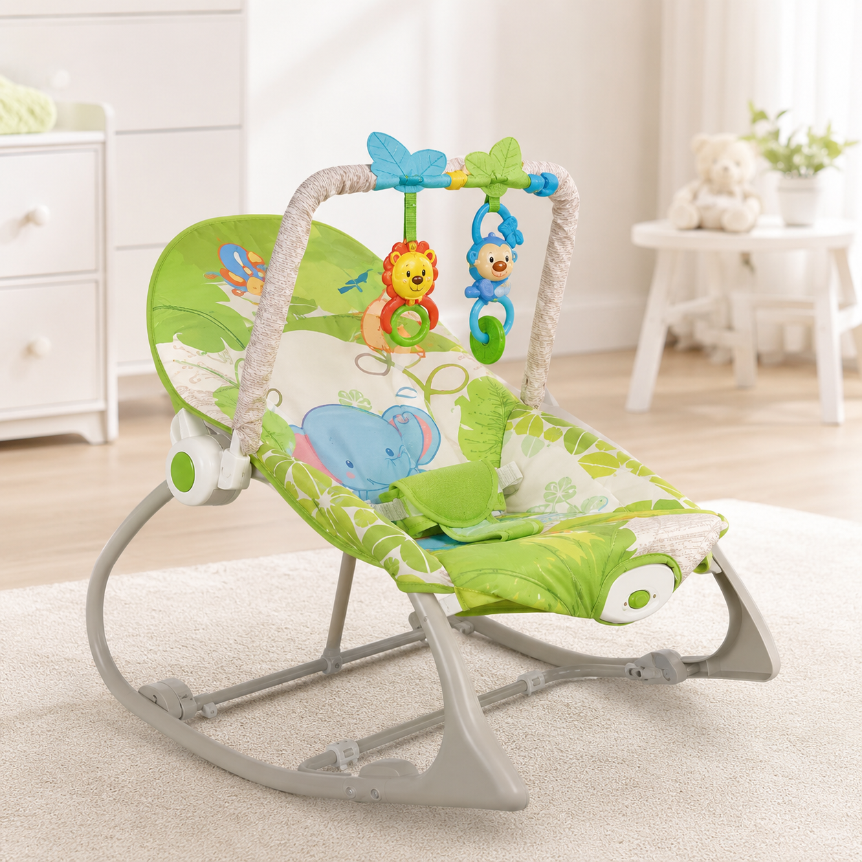 Green Infant-to-Toddler Rocker – Baby Comfort Rocking Chair with Toy Bar
